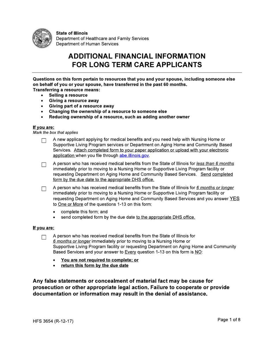 Form HFS3654 Additional Financial Information for Long Term Care Applicants - Illinois, Page 1