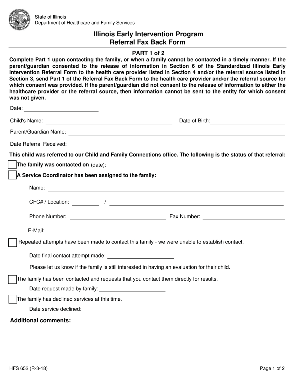 Form HFS652 Illinois Early Intervention Program Referral Fax Back Form - Illinois, Page 1