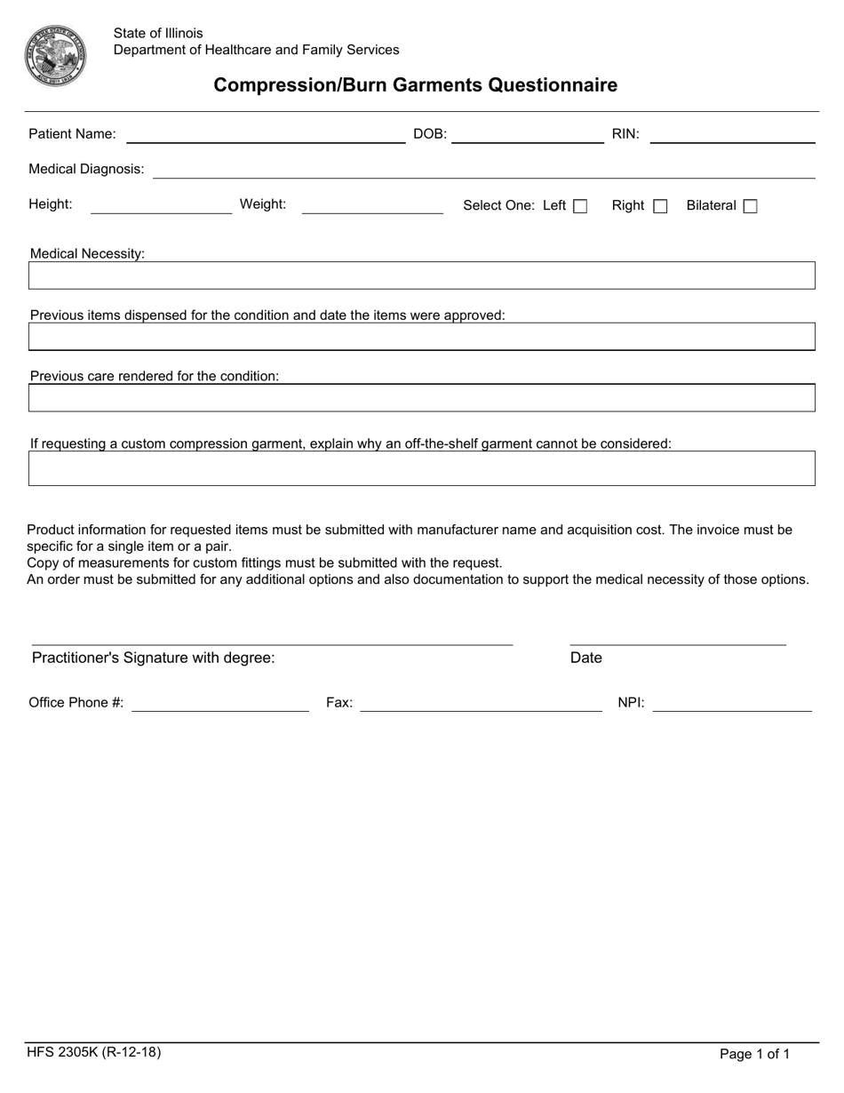 Form HFS2305K Compression / Burn Garments Questionnaire - Illinois, Page 1