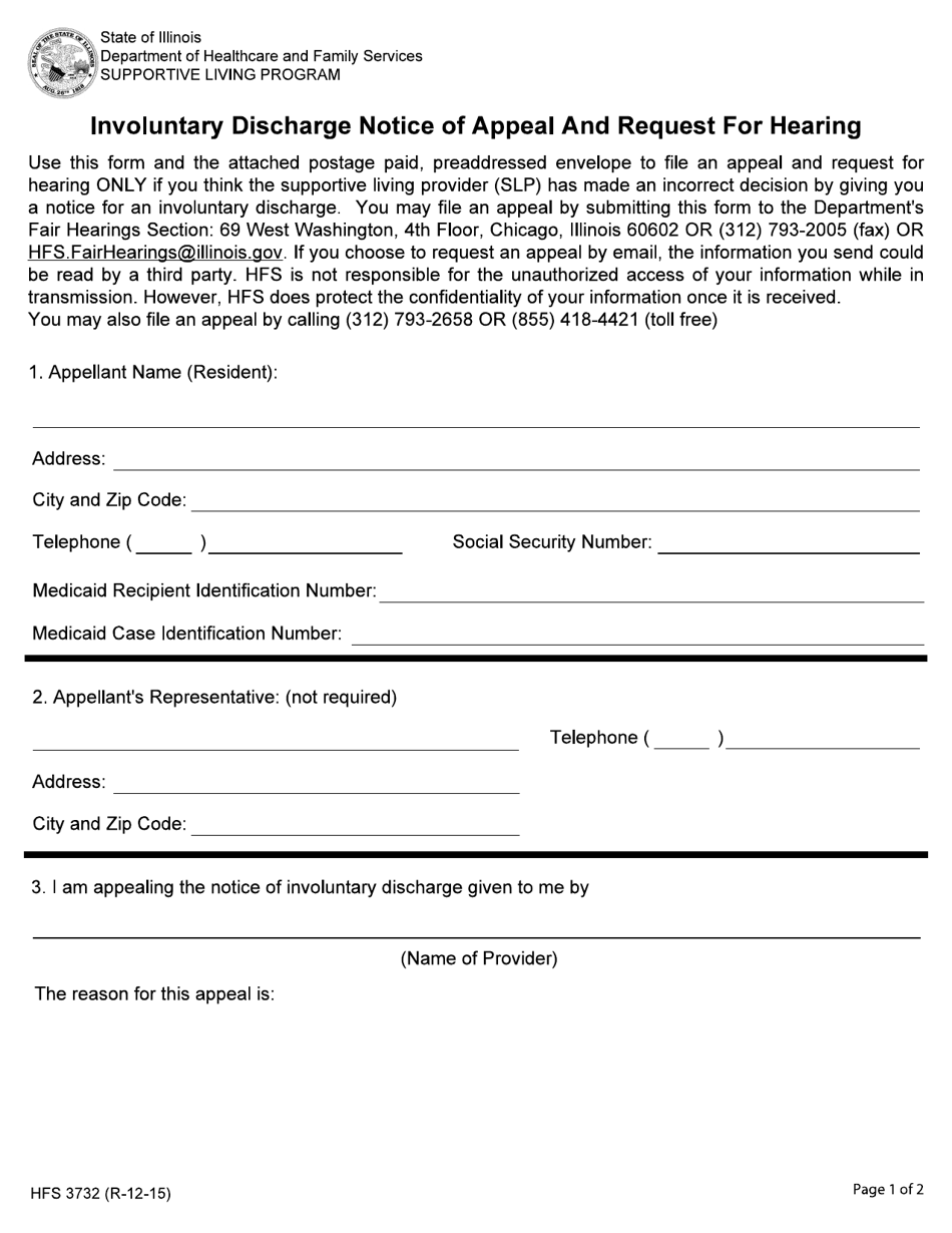 Form HFS3732 Involuntary Discharge Notice of Appeal and Request for Hearing - Illinois, Page 1