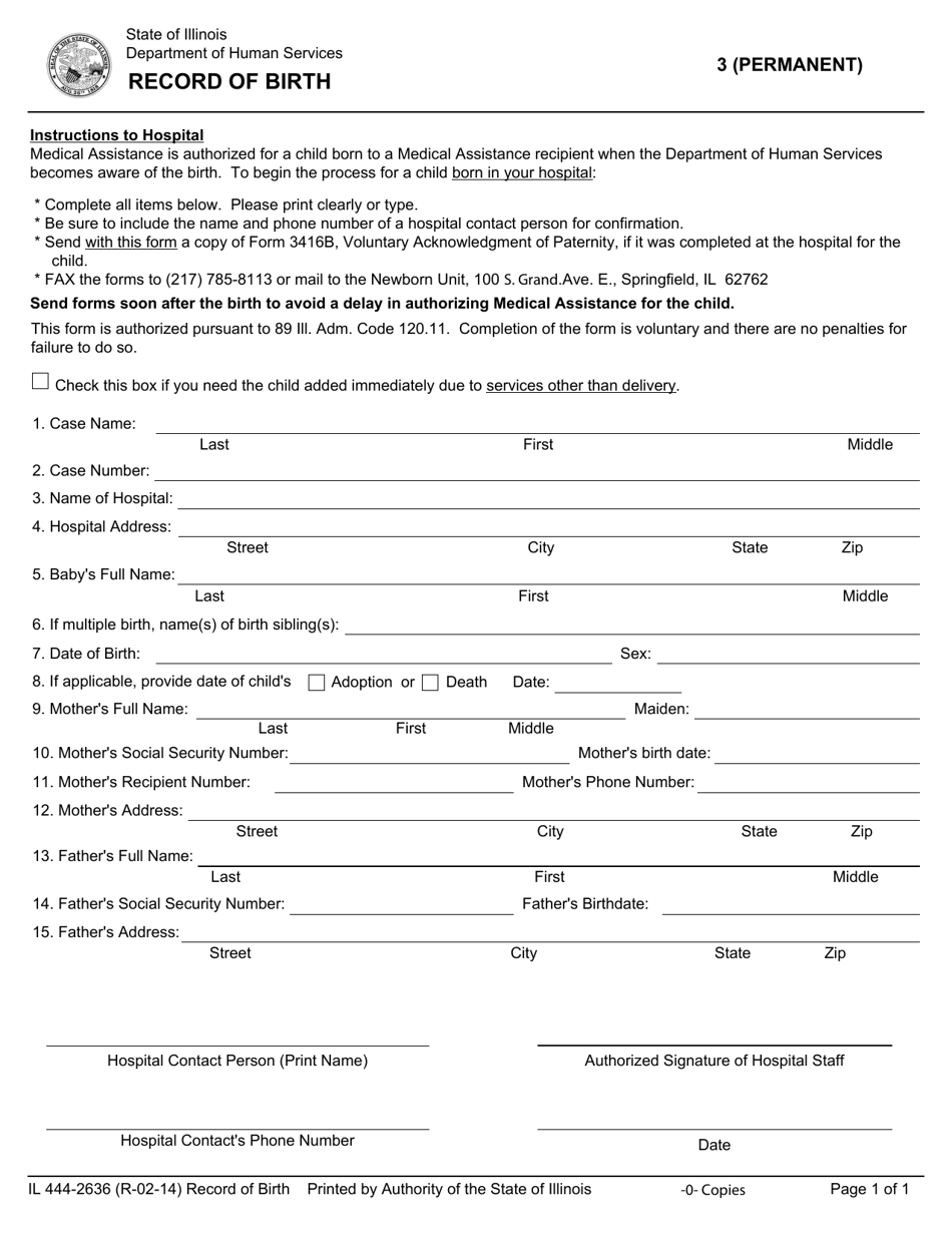 Form IL444-2636 Record of Birth - Illinois, Page 1