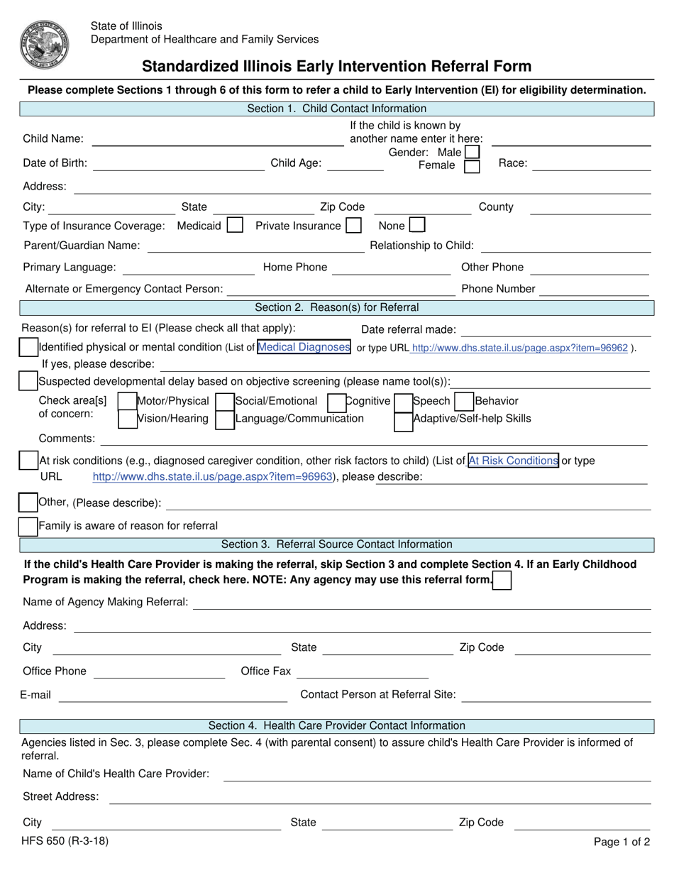 Form HFS650 Standardized Illinois Early Intervention Referral Form - Illinois, Page 1