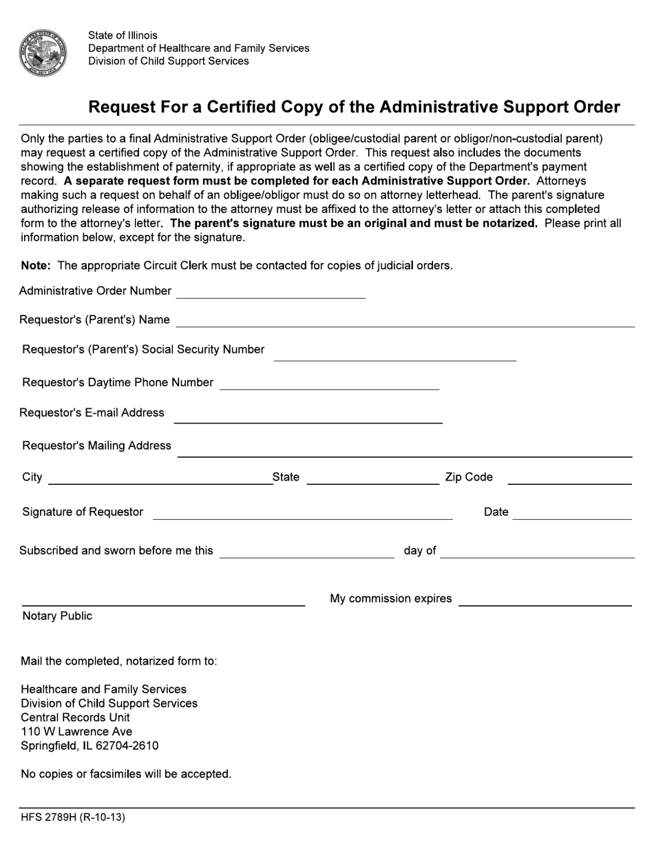 Form HFS2789H Request for a Certified Copy of the Administrative Support Order - Illinois, Page 1