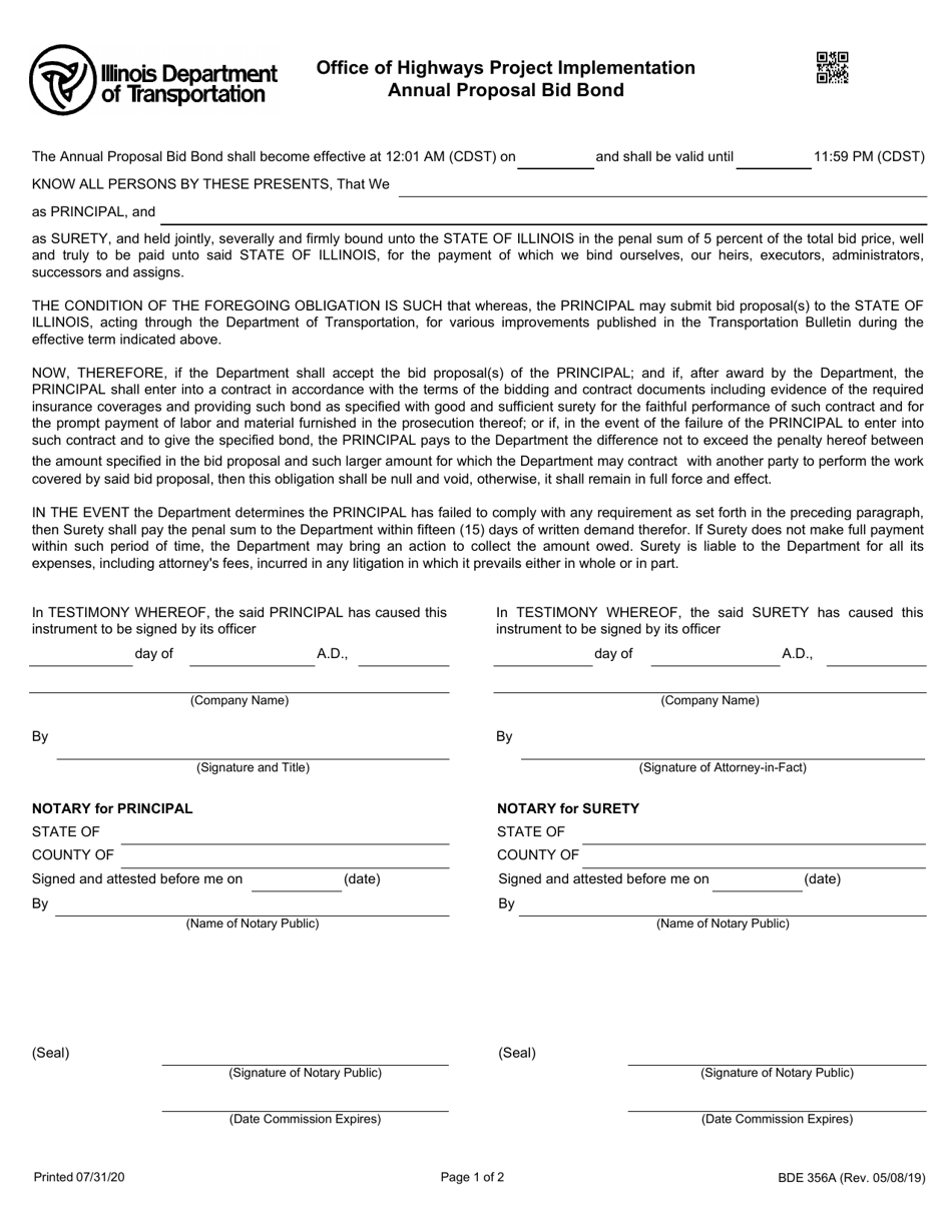 Form BDE356A Office of Highways Project Implementation Annual Proposal Bid Bond - Illinois, Page 1