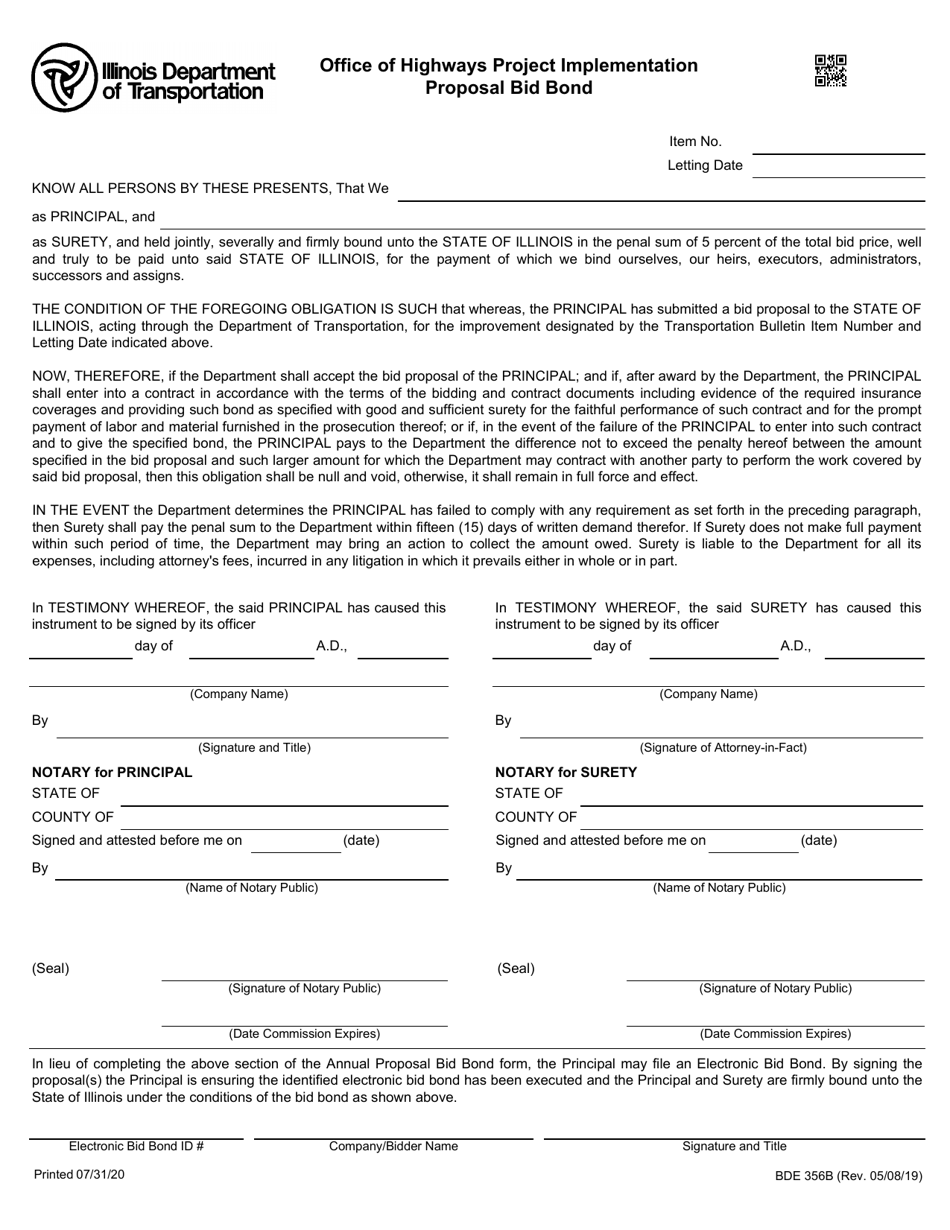 Form BDE356B Office of Highways Project Implementation Proposal Bid Bond - Illinois, Page 1