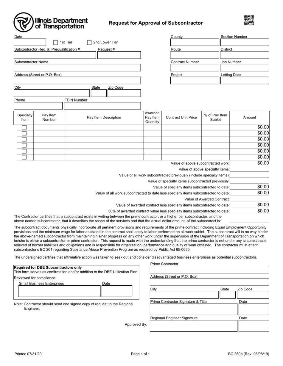 Form BC260A Request for Approval of Subcontractor - Illinois, Page 1