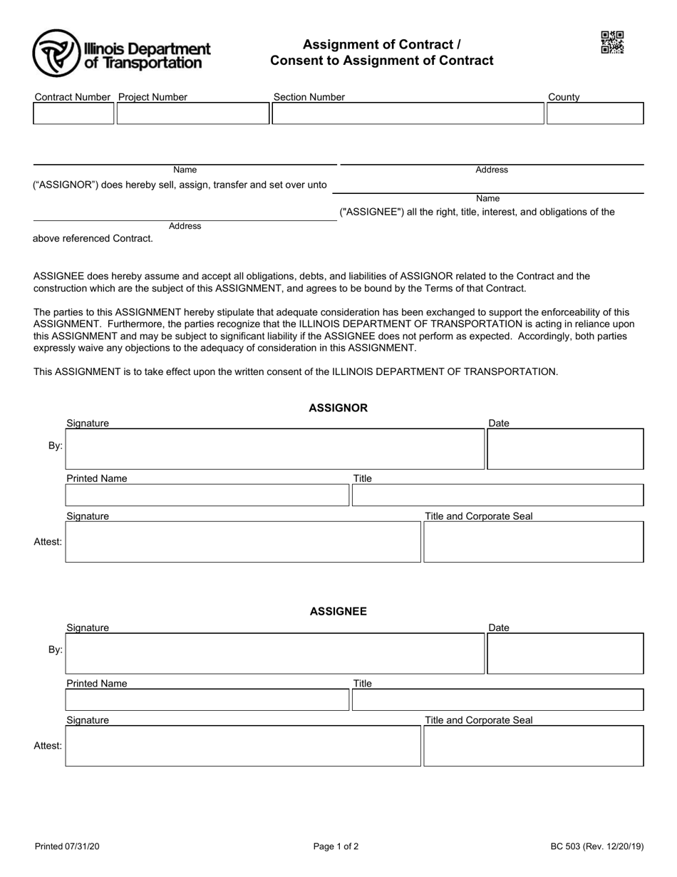 Form BC503 Assignment of Contract / Consent to Assignment of Contract - Illinois, Page 1