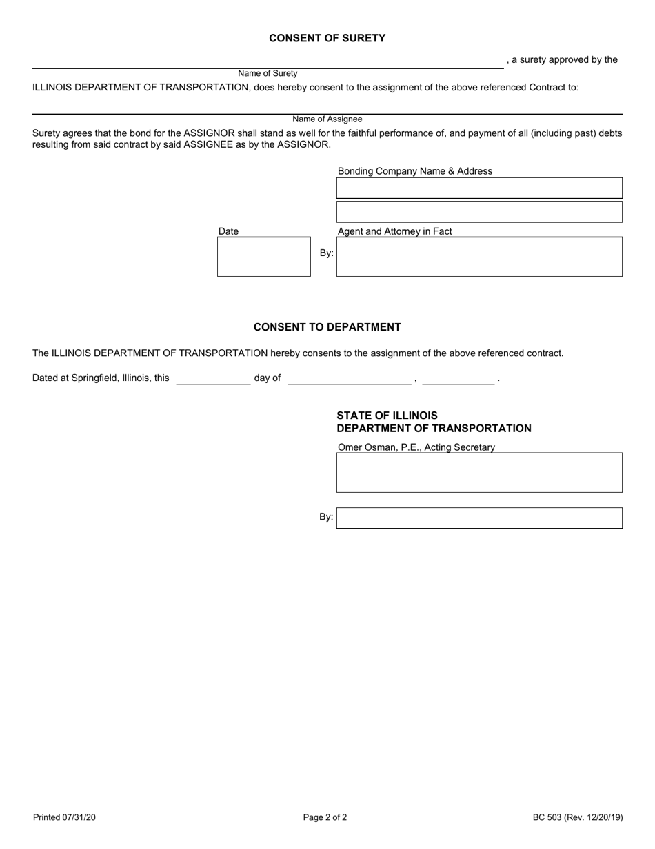 Form BC503 Assignment of Contract / Consent to Assignment of Contract - Illinois, Page 2