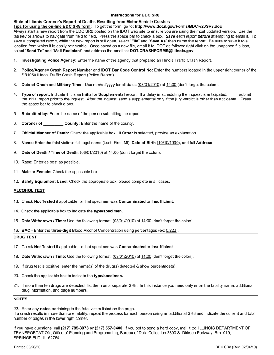 Form BDC SR8 State of Illinois Coroners Report of Deaths Resulting From Motor Vehicle Crashes - Illinois, Page 2