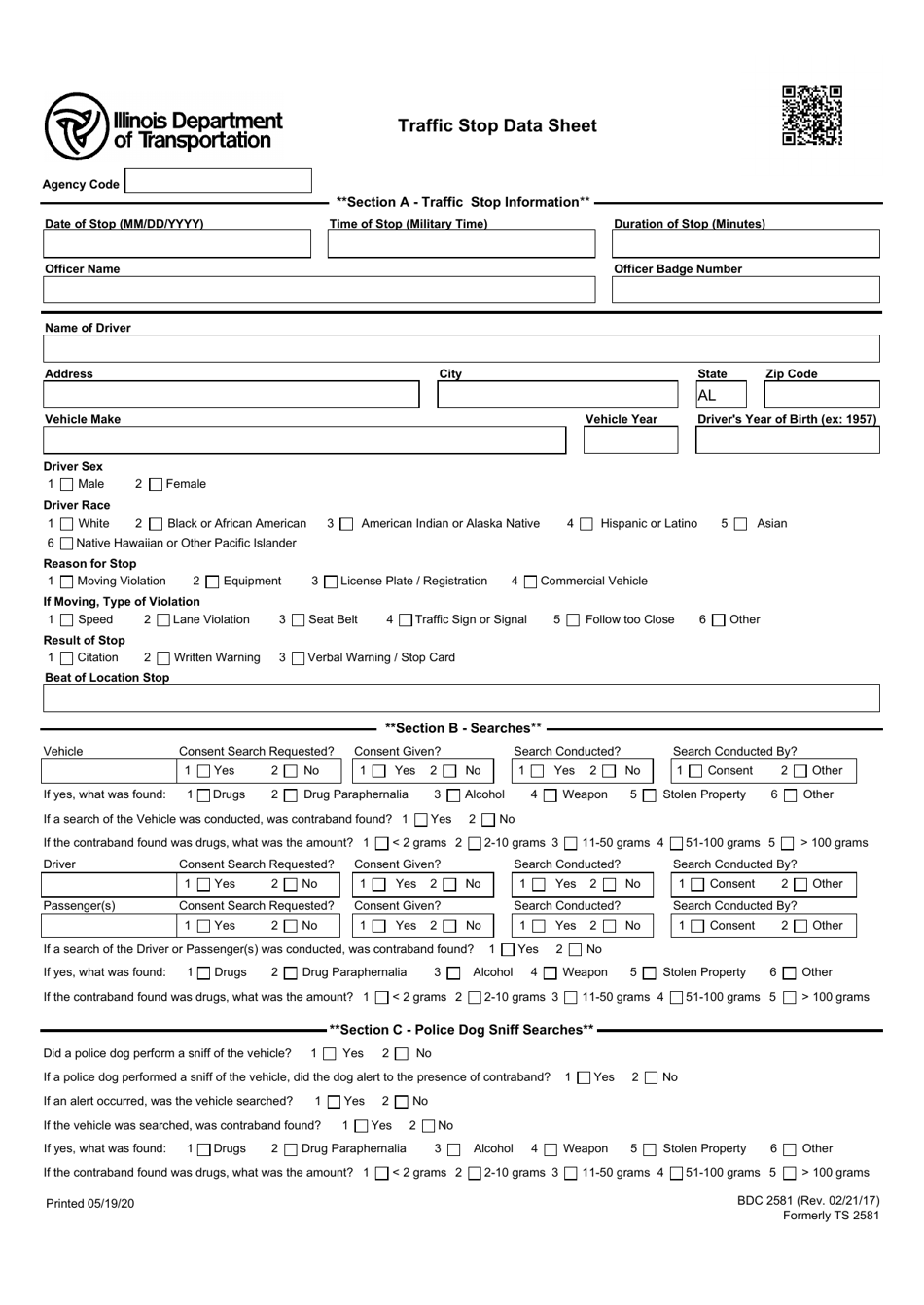 Form BDC2581 Traffic Stop Data Sheet - Illinois, Page 1