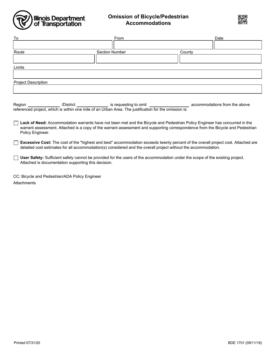 Form BDE1701 Omission of Bicycle / Pedestrian Accommodations - Illinois, Page 1