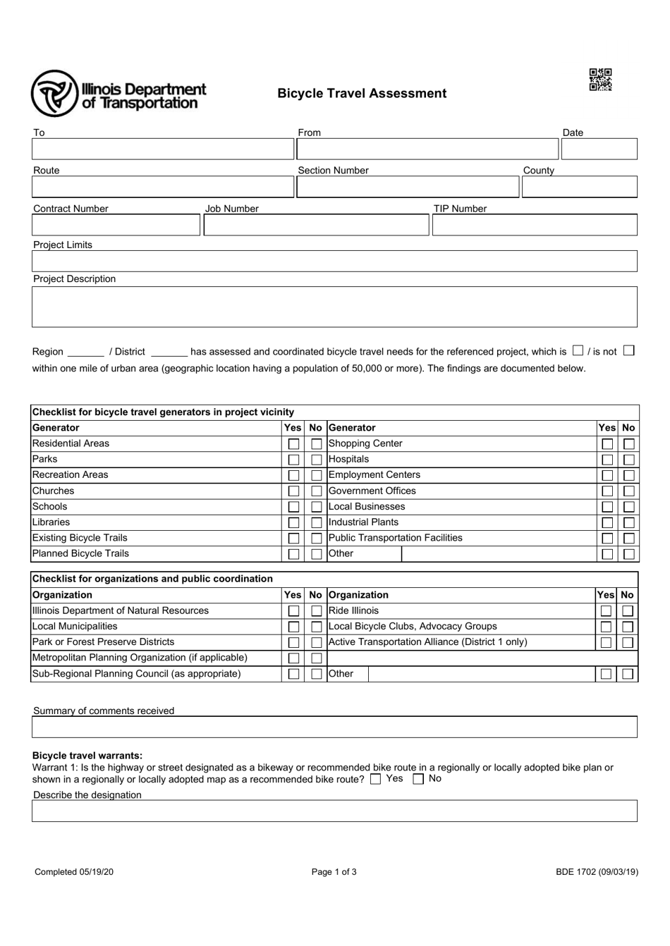 Form BDE1702 Bicycle Travel Assessment - Illinois, Page 1