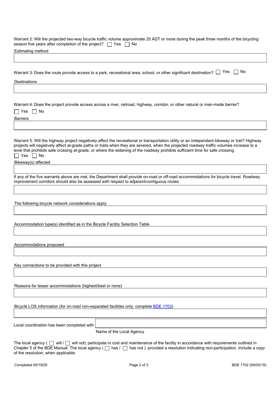 Form BDE1702 Bicycle Travel Assessment - Illinois, Page 2