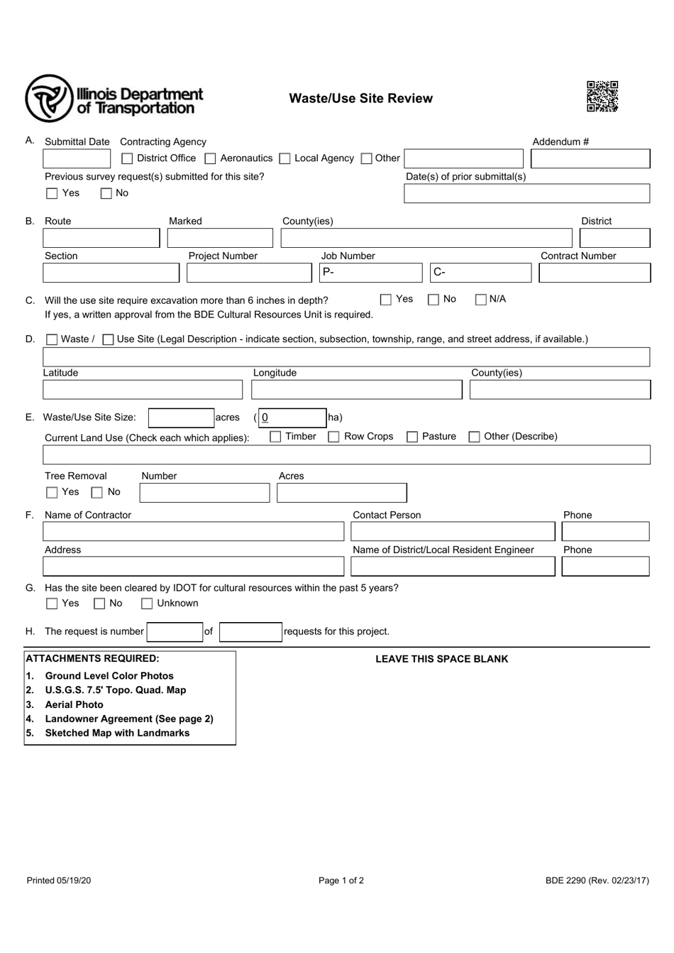Form BDE2290 Waste / Use Site Review - Illinois, Page 1