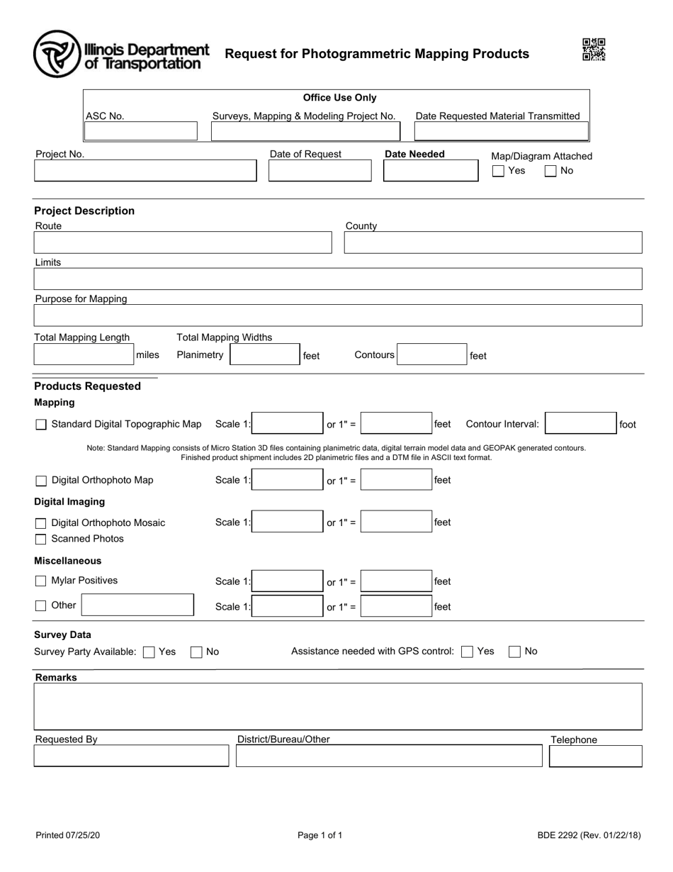 Form BDE2292 Request for Photogrammetric Mapping Products - Illinois, Page 1