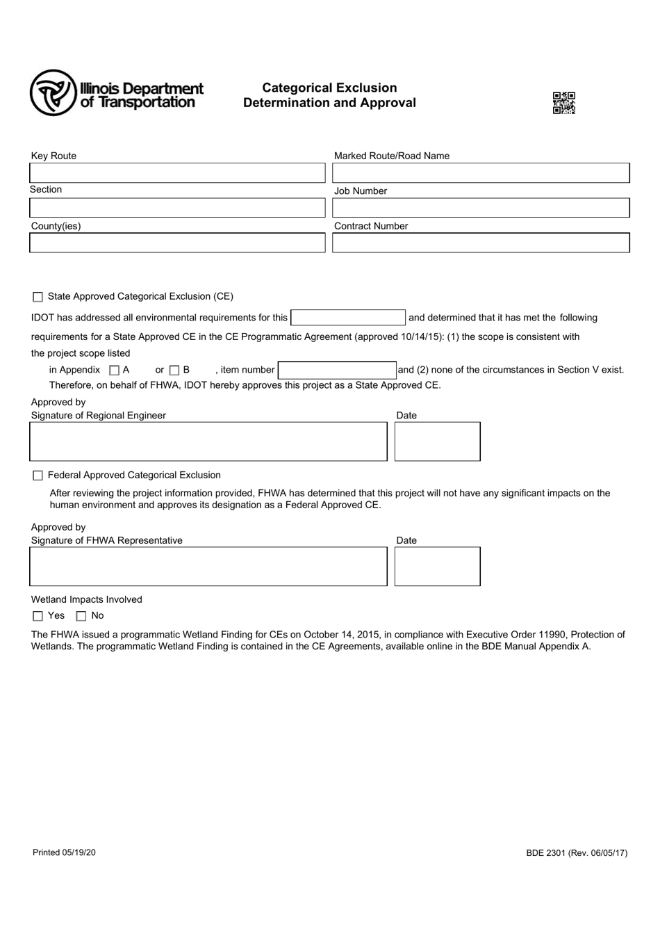 Form BDE2301 Categorical Exclusion Determination and Approval - Illinois, Page 1