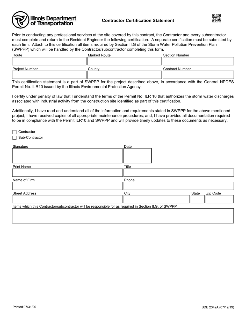 Form BDE2342A Contractor Certification Statement - Illinois, Page 1