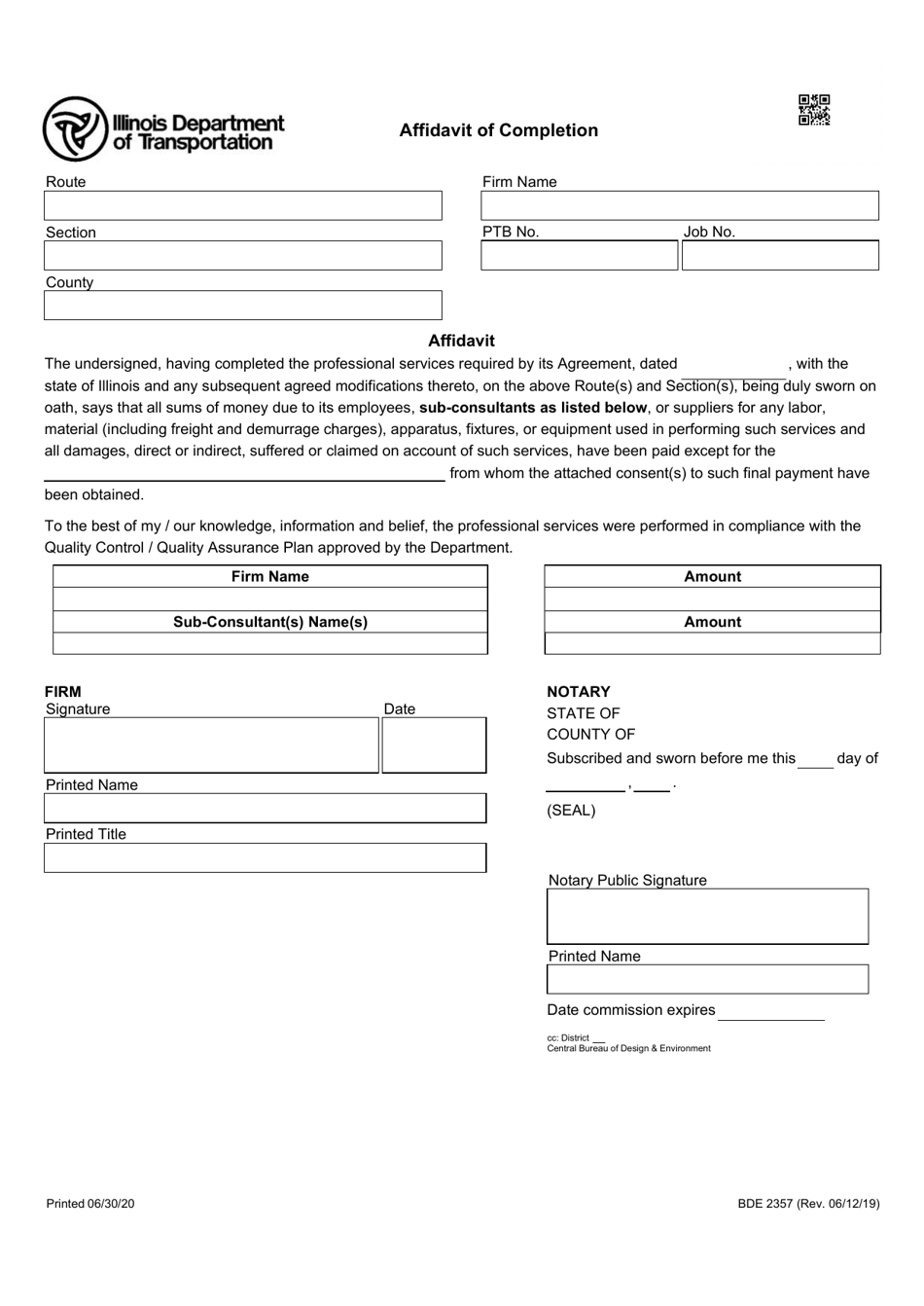Form BDE2357 Affidavit of Completion - Illinois, Page 1