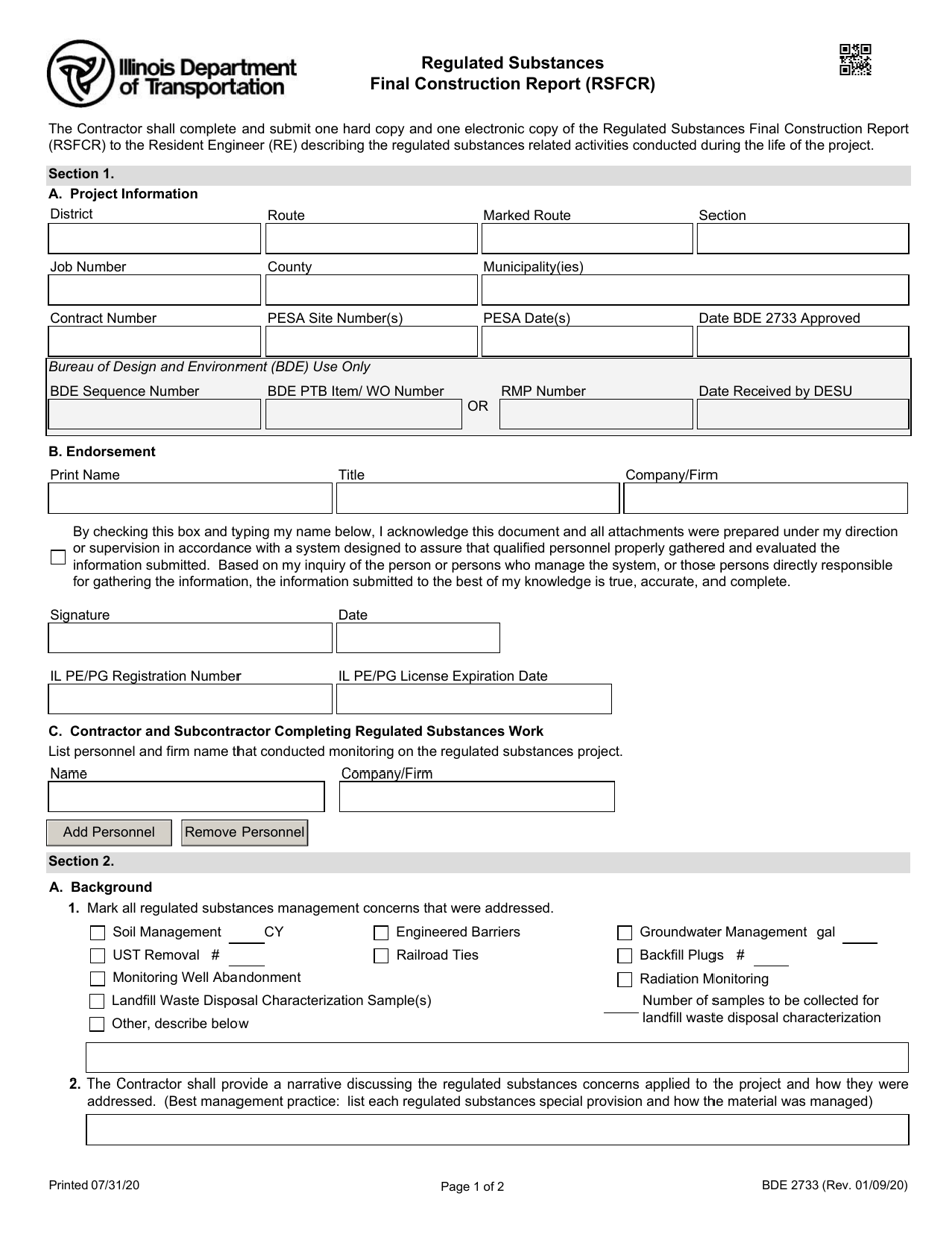 Form BDE2733 Regulated Substances Final Construction Report (Rsfcr) - Illinois, Page 1