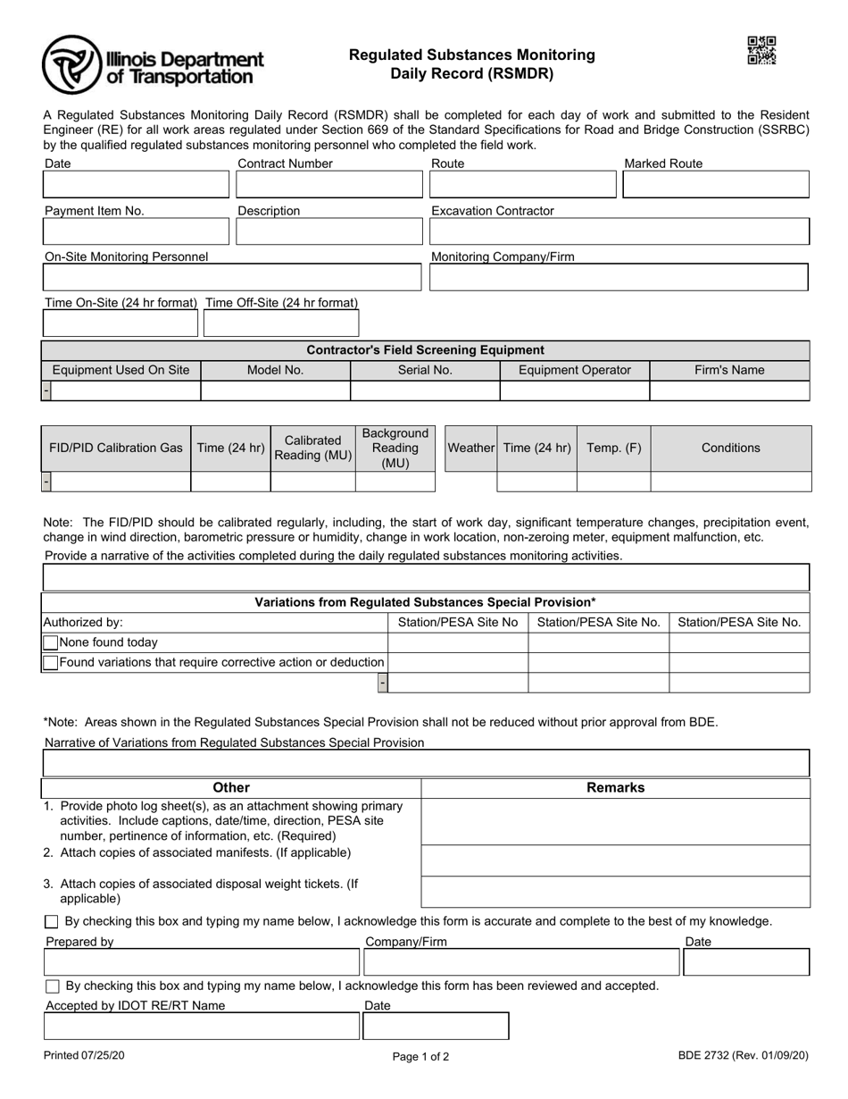 Form BDE2732 Regulated Substances Monitoring Daily Record (Rsmdr) - Illinois, Page 1