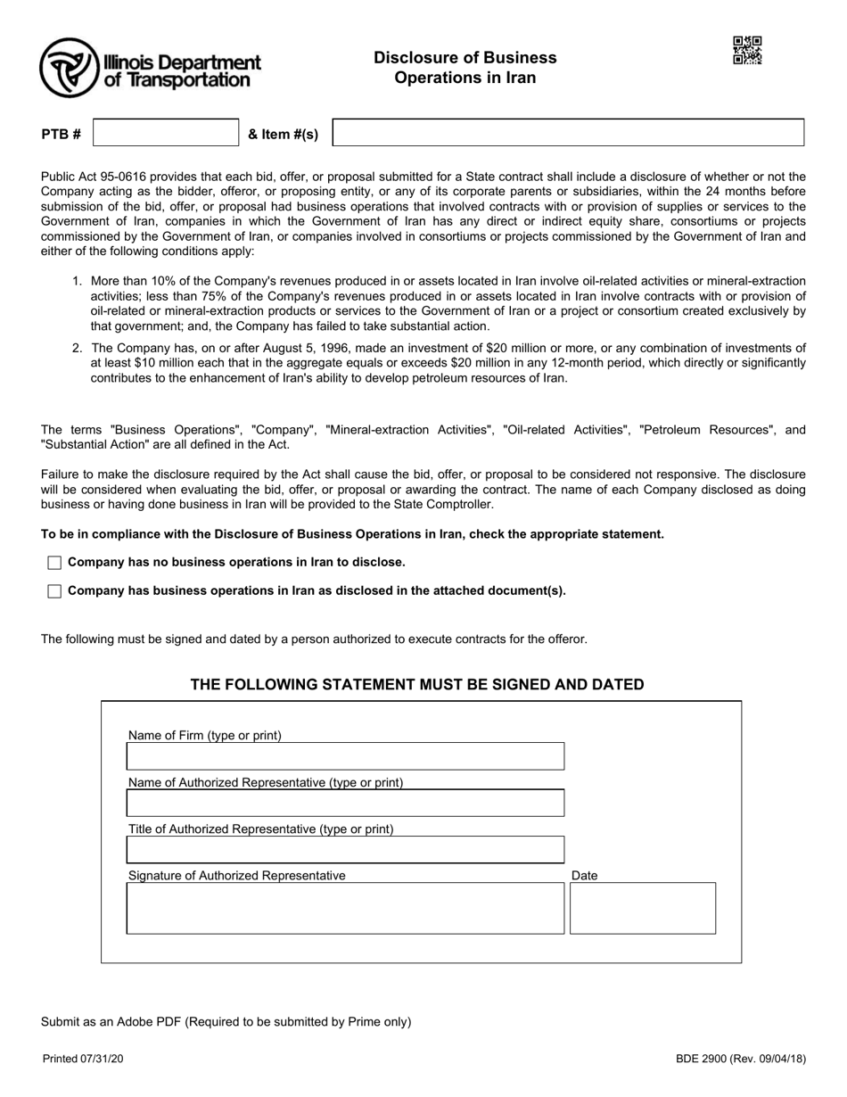 Form BDE2900 Disclosure of Business Operations in Iran - Illinois, Page 1