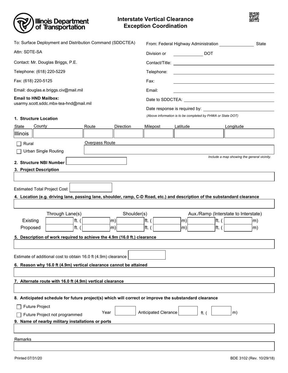 Form BDE3102 Interstate Vertical Clearance Exception Coordination - Illinois, Page 1