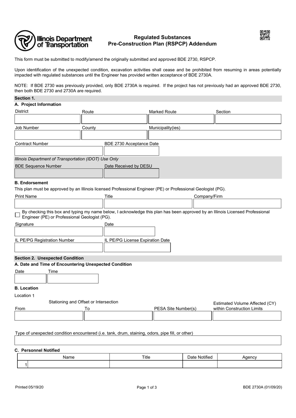 Form BDE2730A Regulated Substances Pre-construction Plan (Rspcp) Addendum - Illinois, Page 1