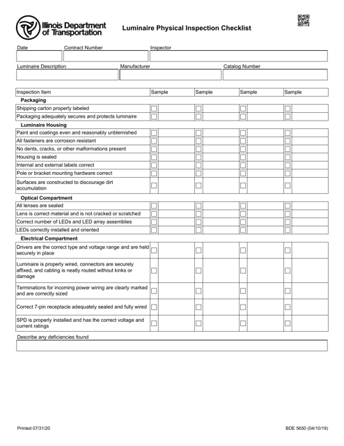Form BDE5650 Luminaire Physical Inspection Checklist - Illinois