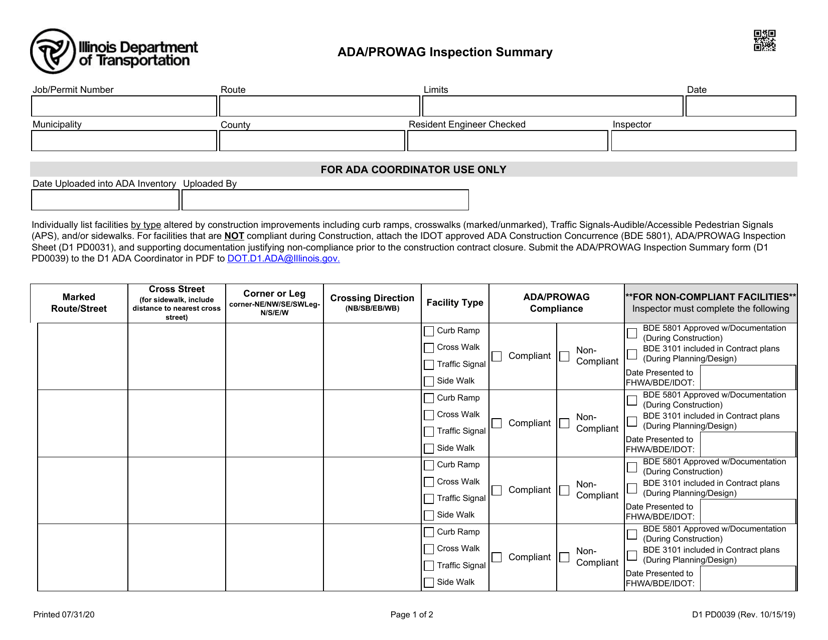 Form D1 PD0039 Ada/Prowag Inspection Summary - Illinois