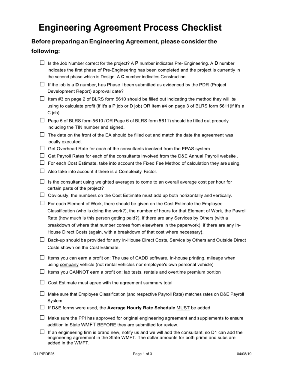 Form D1 PIPDF25 Engineering Agreement Process Checklist - Illinois, Page 1