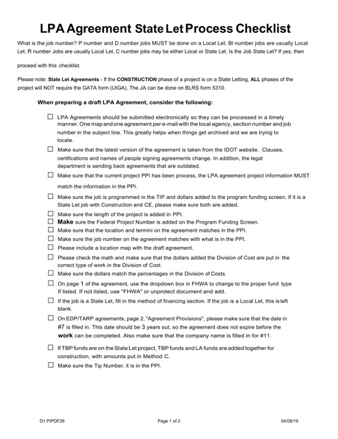 Form D1 PIPDF26 Lpa Agreement State Let Process Checklist - Illinois