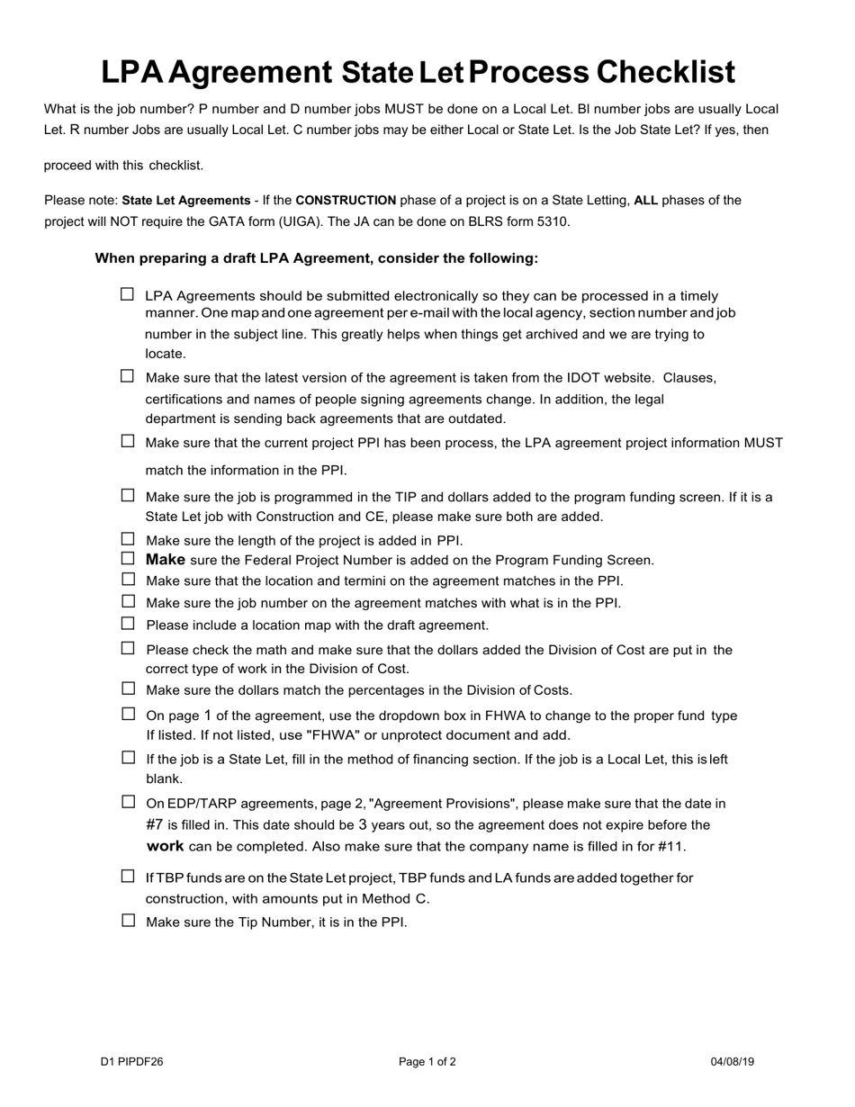 Form D1 PIPDF26 Lpa Agreement State Let Process Checklist - Illinois, Page 1