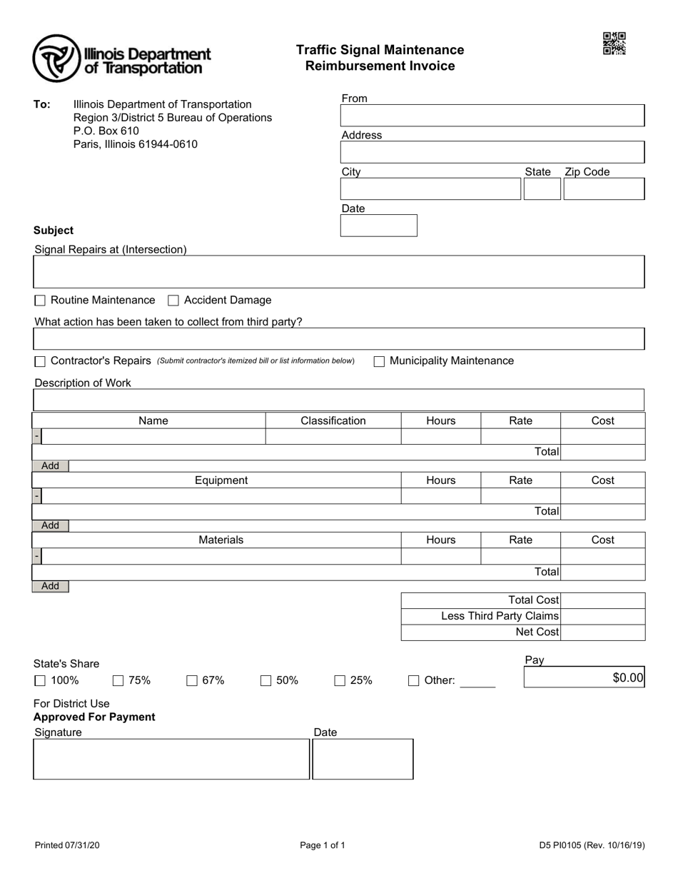 Form D5 OP0105 Traffic Signal Maintenance Reimbursement Invoice - Illinois, Page 1