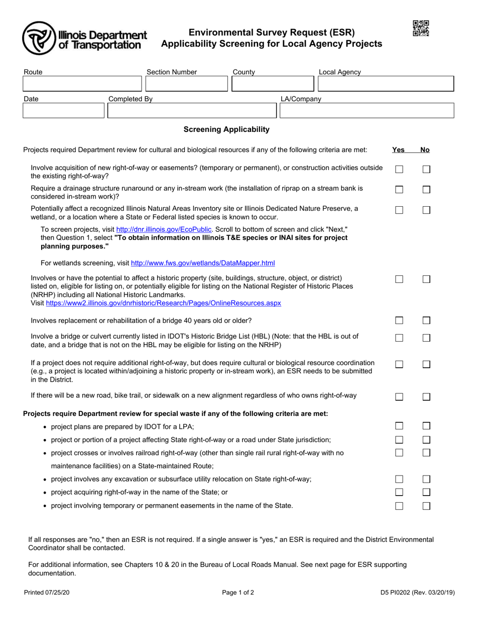 Form D5 PI0202 Environmental Survey Request (Esr) Applicability Screening for Local Agency Projects - Illinois, Page 1
