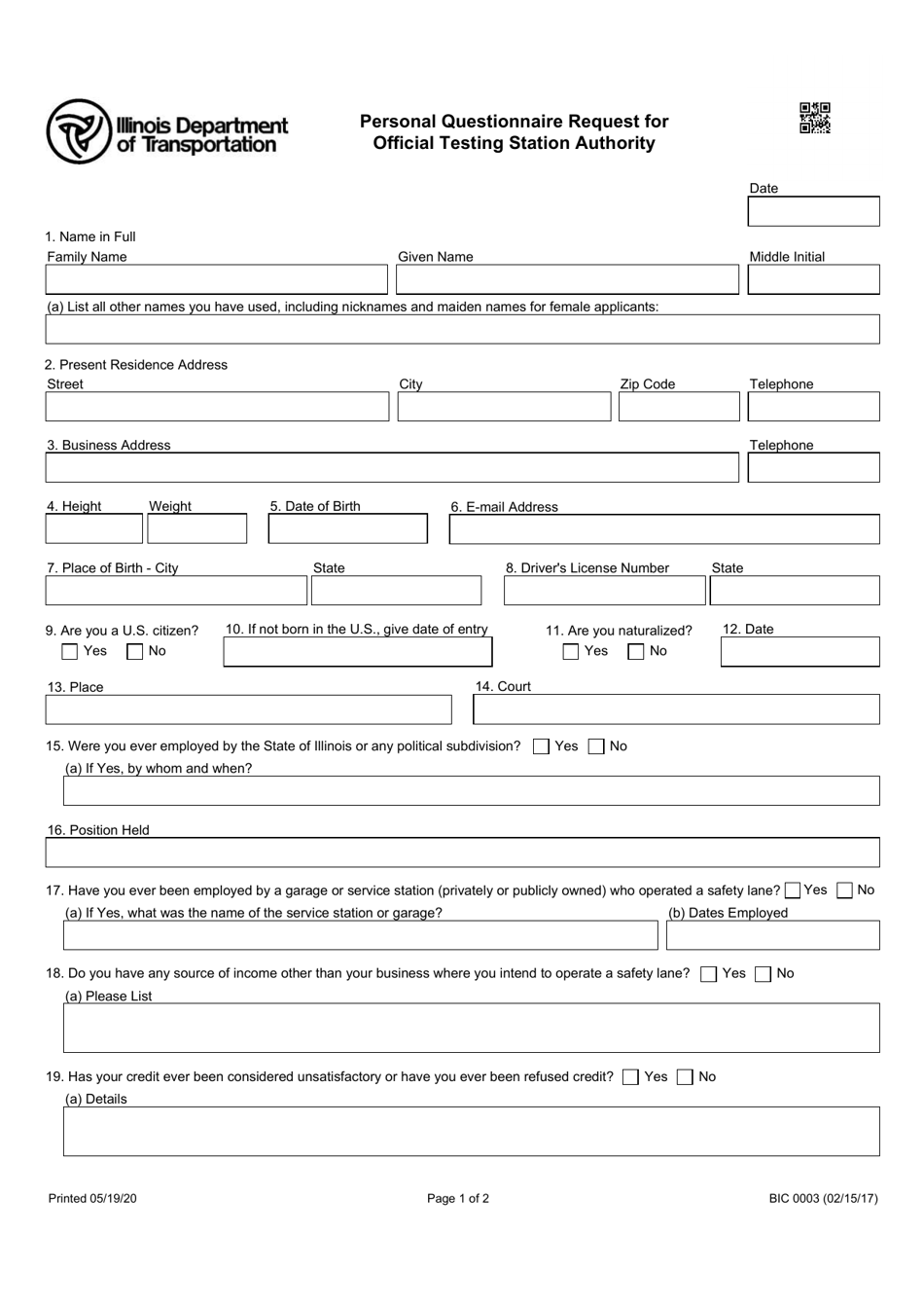 Form BIC0003 Personal Questionnaire Request for Official Testing Station Authority - Illinois, Page 1