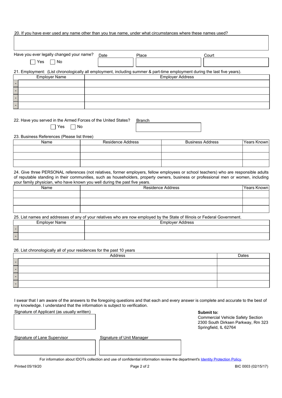 Form BIC0003 Personal Questionnaire Request for Official Testing Station Authority - Illinois, Page 2