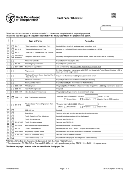 Form D5 PI0105 Final Paper Checklist - Illinois