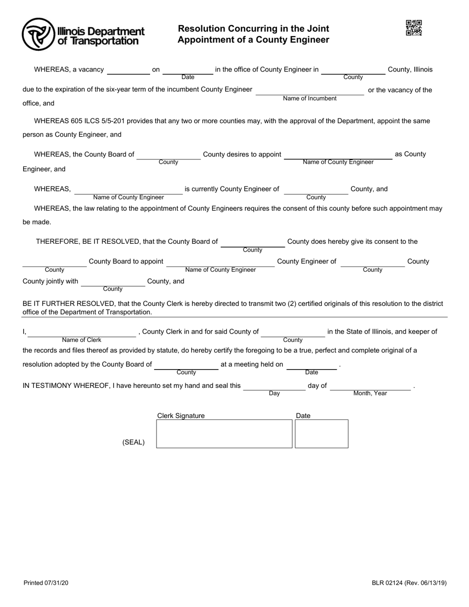 Form BLR02124 Resolution Concurring in the Joint Appointment of a County Engineer - Illinois, Page 1