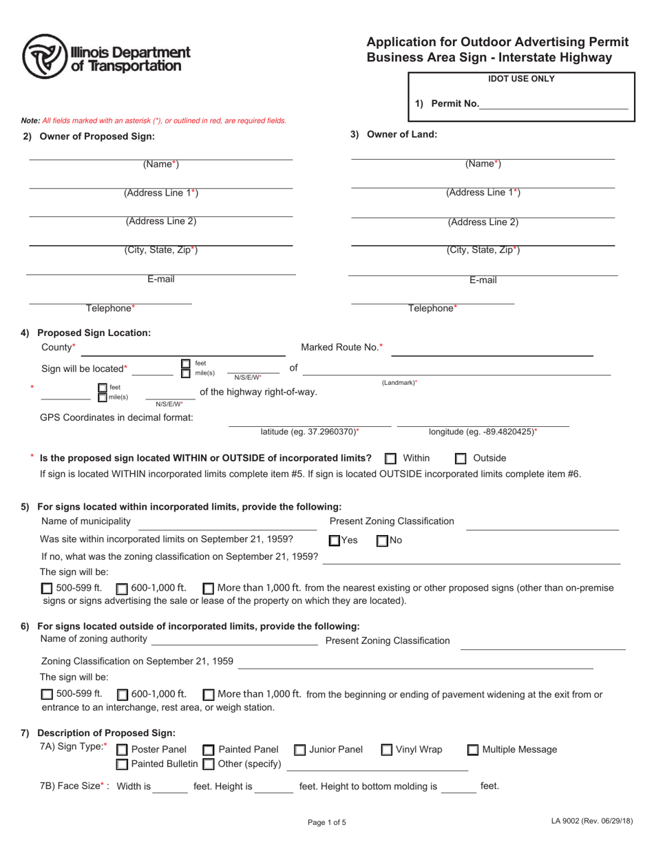 Form LA9002 Application for Outdoor Advertising Permit Business Area Sign - Interstate Highway - Illinois, Page 1