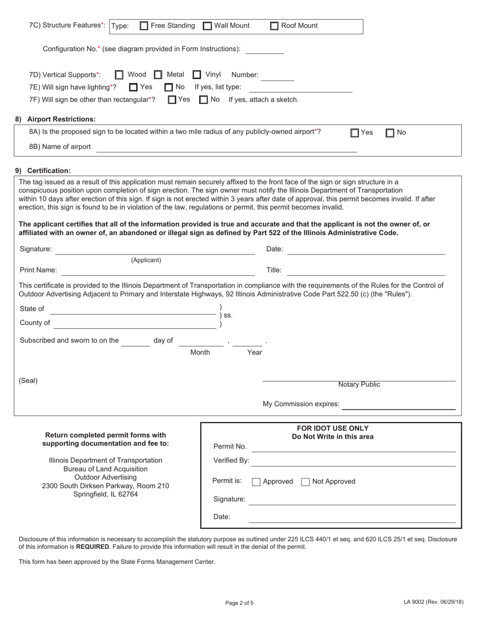 Form LA9002 Application for Outdoor Advertising Permit Business Area Sign - Interstate Highway - Illinois, Page 2