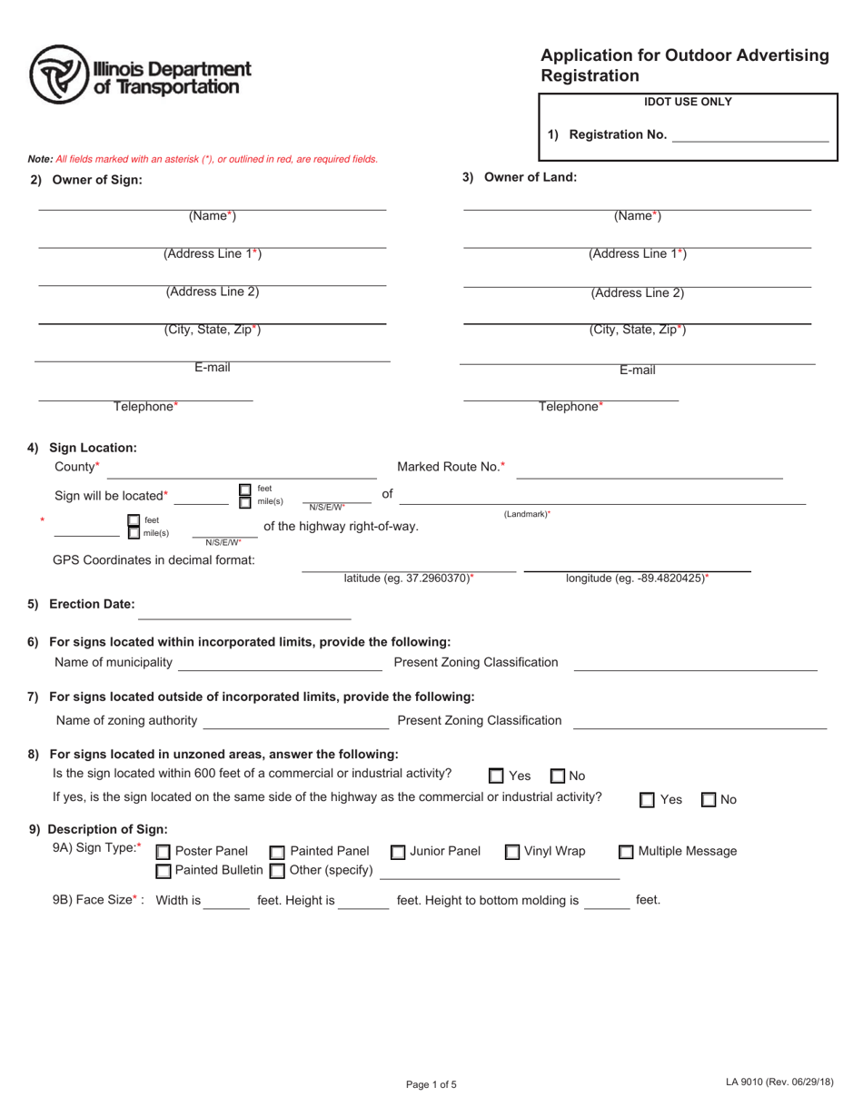 Form LA9010 Application for Outdoor Advertising Registration - Illinois, Page 1