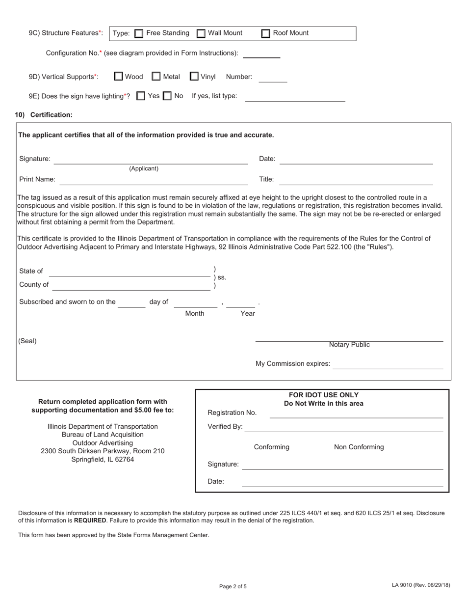 Form LA9010 Application for Outdoor Advertising Registration - Illinois, Page 2