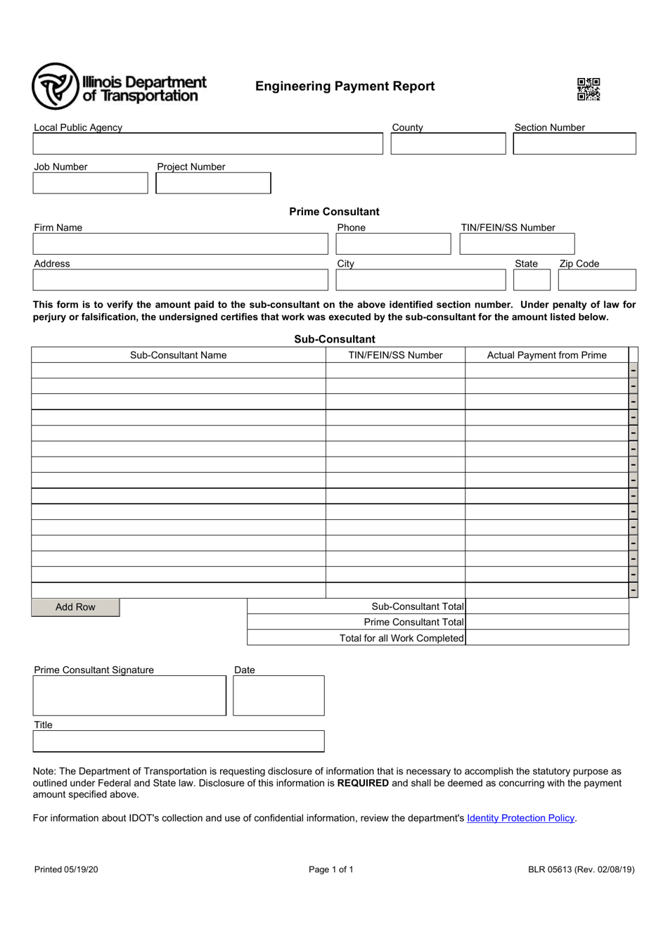 Form BLR05613 Engineering Payment Record - Illinois, Page 1