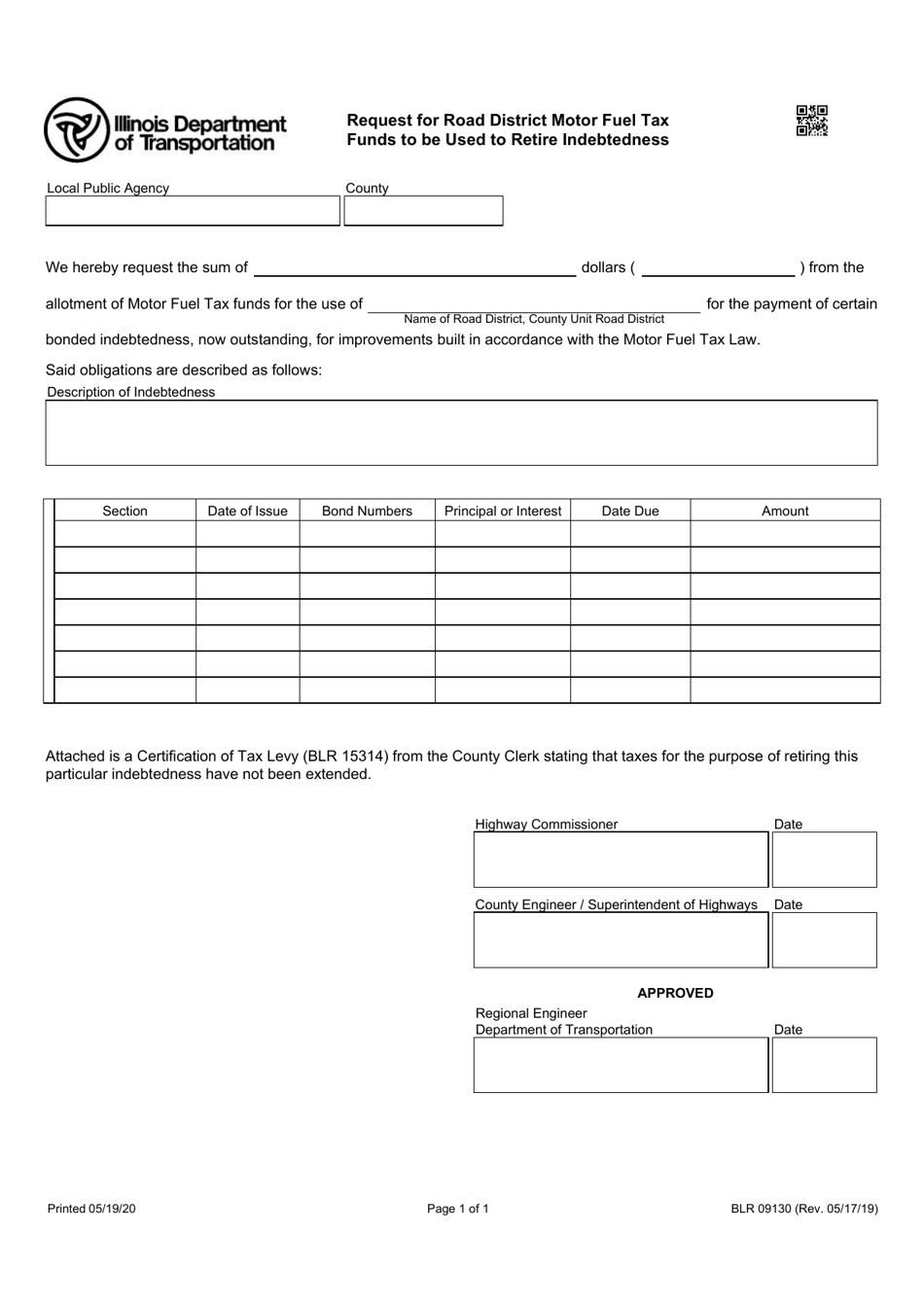 Form BLR09130 Request for Road District Motor Fuel Tax Funds to Be Used to Retire Indebtedness - Illinois, Page 1