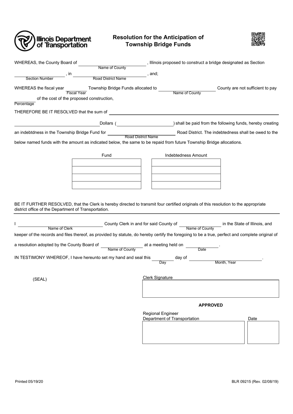 Form BLR09215 Resolution for the Anticipation of Township Bridge Funds - Illinois, Page 1