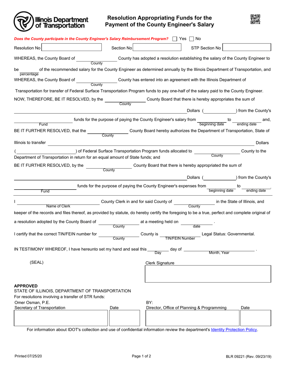 Form BLR09221 Resolution Appropriating Funds for the Payment of the County Engineers Salary - Illinois, Page 1