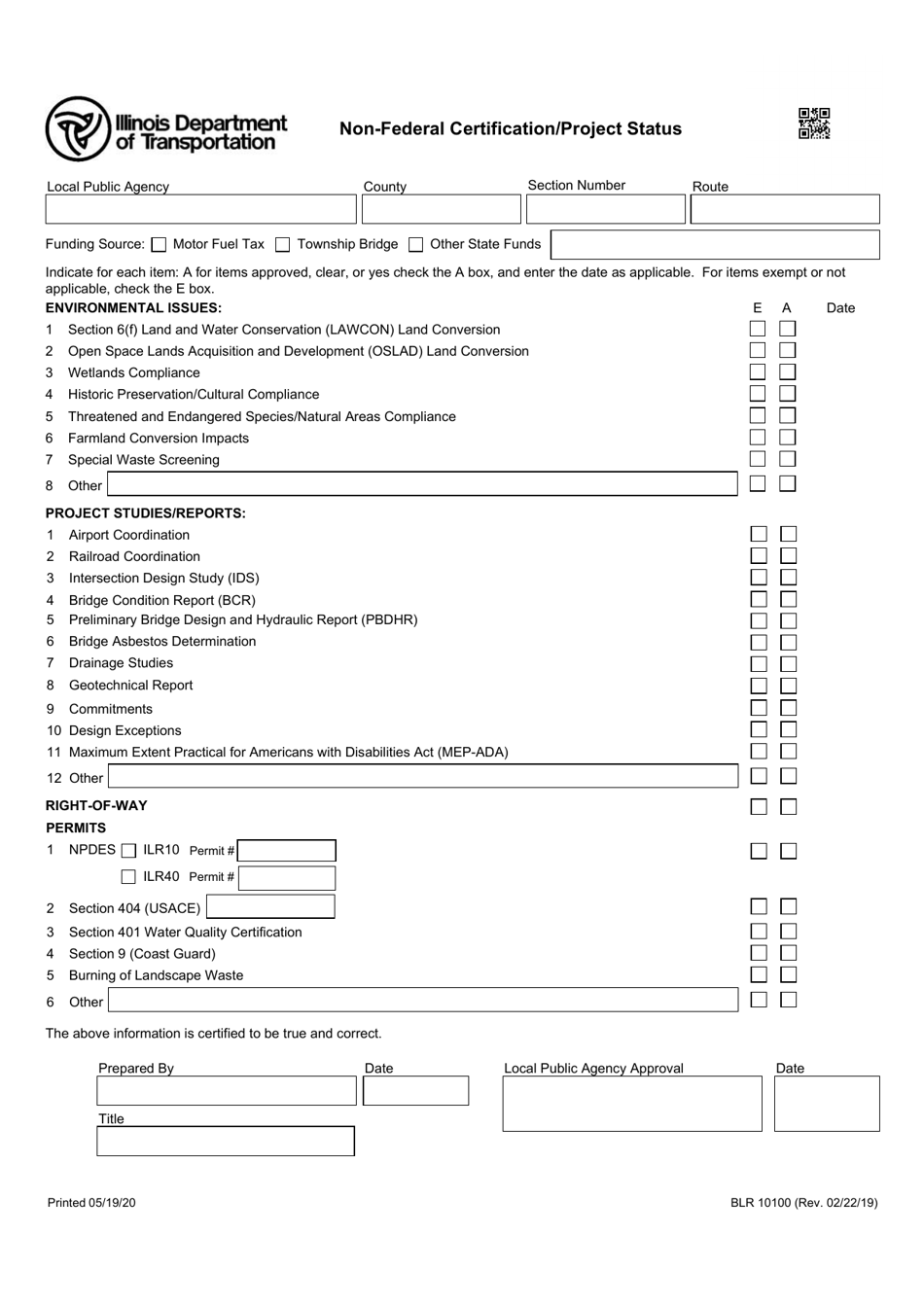 Form BLR10100 Non-federal Certification / Project Status - Illinois, Page 1