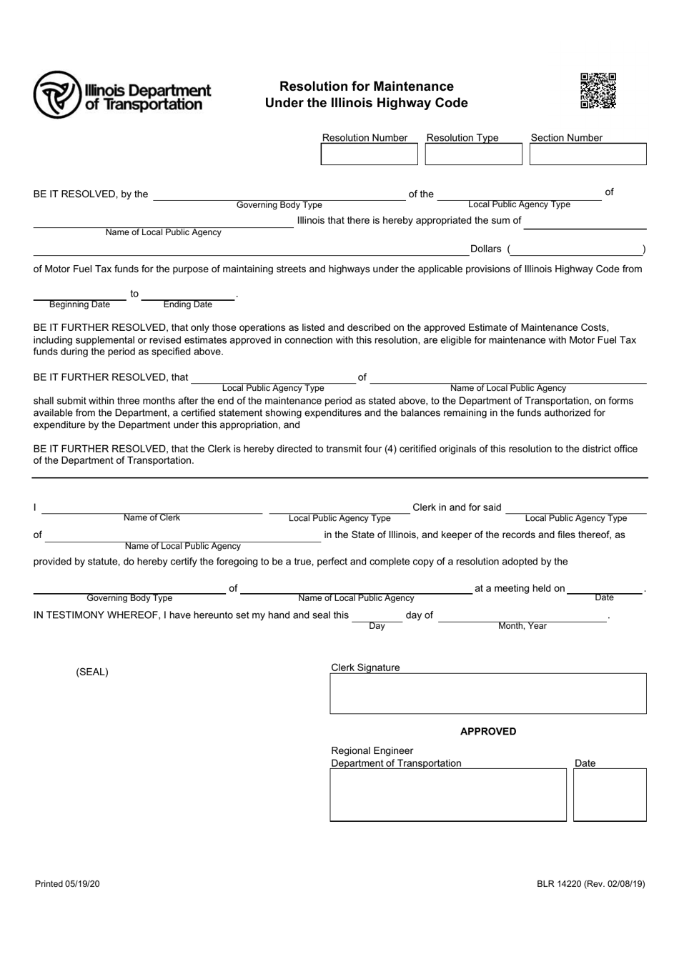 Form BLR14220 Resolution for Maintenance Under the Illinois Highway Code - Illinois, Page 1