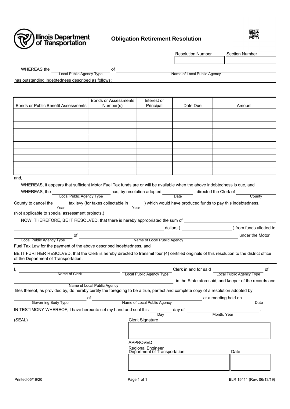 Form BLR15411 Obligation Retirement Resolution - Illinois, Page 1