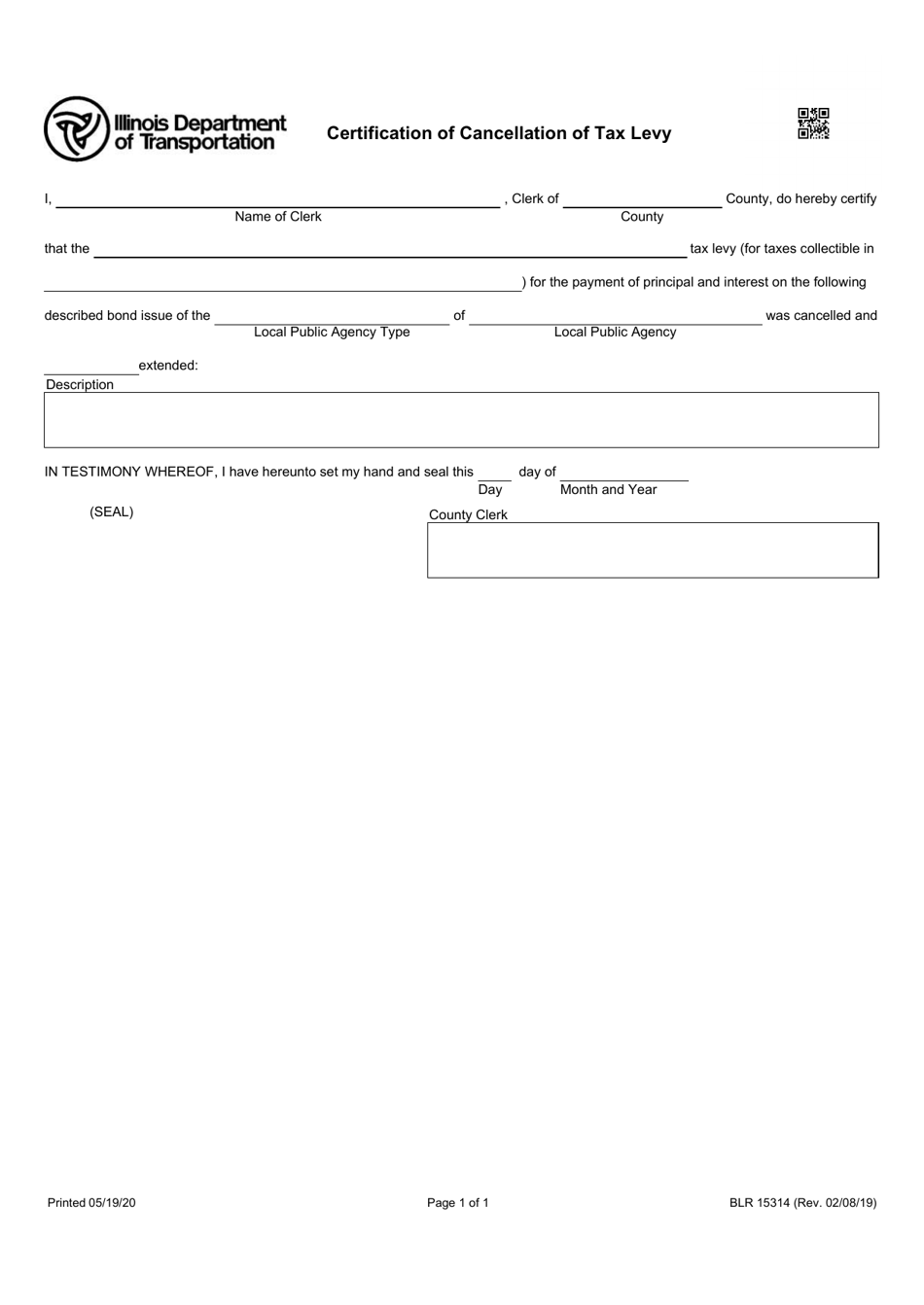Form BLR15314 Certification of Cancellation of Tax Levy - Illinois, Page 1